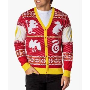 Harry Potter Hogwarts Houses Christmas Cardigan Sweater Red & Yellow Crest Large